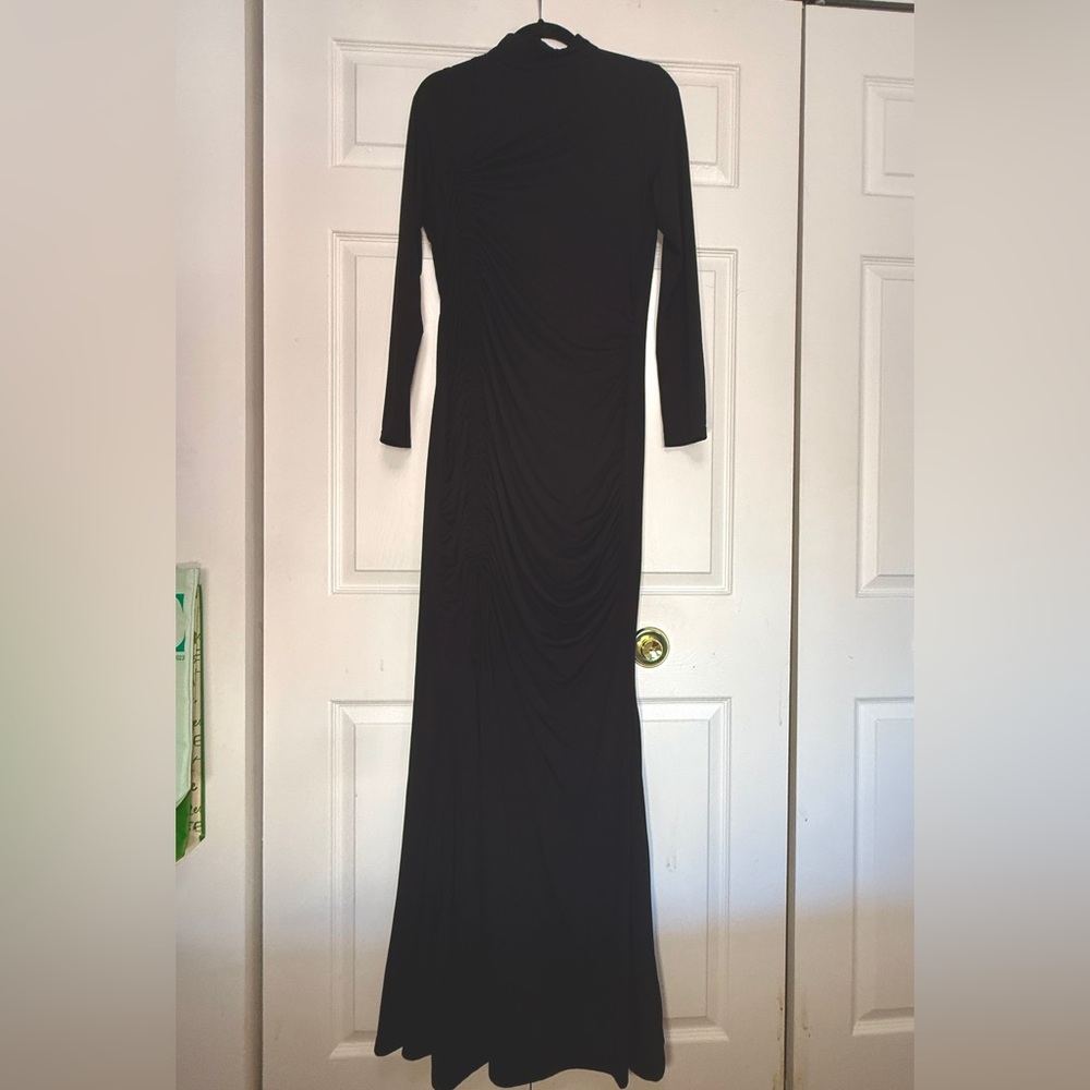 Fashion Nova Mock Neck Long Sleeve Black Floor Length Ruched Dress